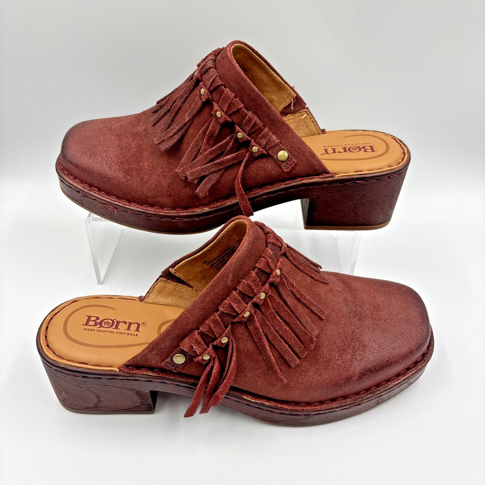 Born Harmony Distressed Brown/Maroon Leather Tassel Slip On Mules Clogs Size 8